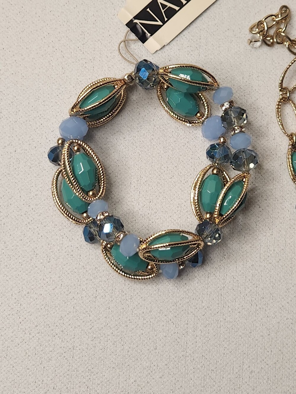 Napier Necklace & Bracelet Set Gold Tone Oval Chain Links Sea Green Blue Beads - Picture 8 of 16